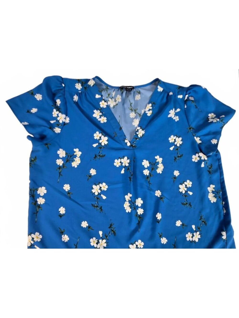 Cobalt Blue Floral V-Neck Blouse XL Cottage Chic Indie Prepp
